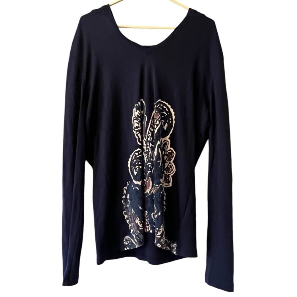 Chaps Denim Women’s Hoodie Knit Top V-Neck Navy Blue Paisley Print‎ Size Large